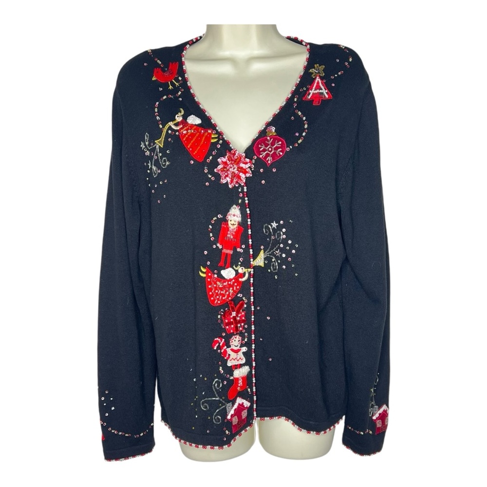Just B VTG Beaded Ugly Christmas Sweater Black Cardigan Birds and Angels
